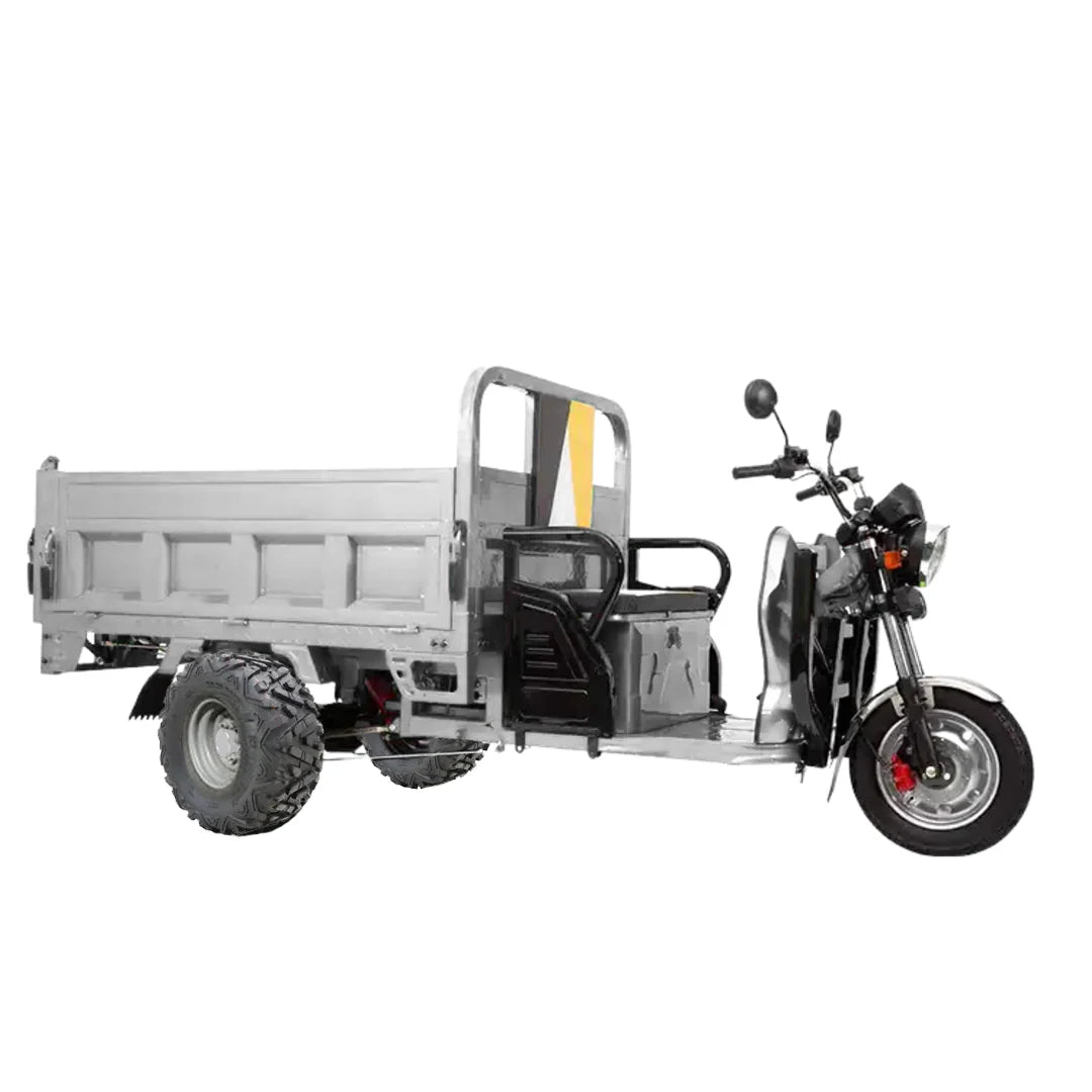 Three-wheeled motor vehicle with a cargo bed on a white background