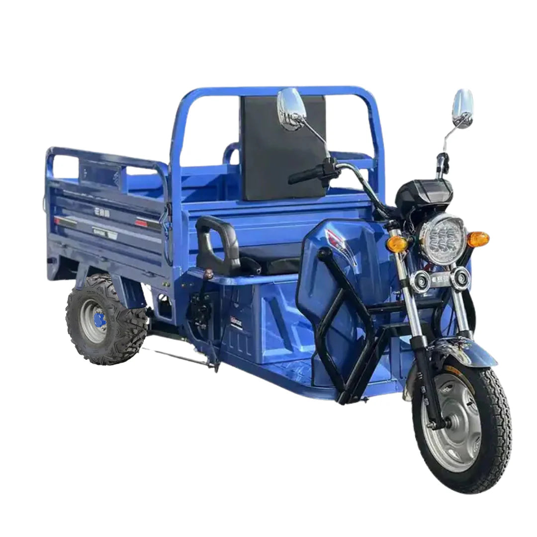 Blue cargo tricycle with a motorcycle engine on a white background
