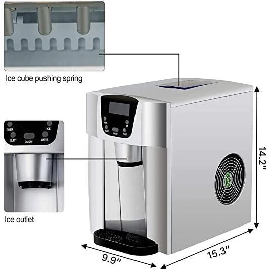 Diagram of a water dispenser with labeled parts and dimensions.