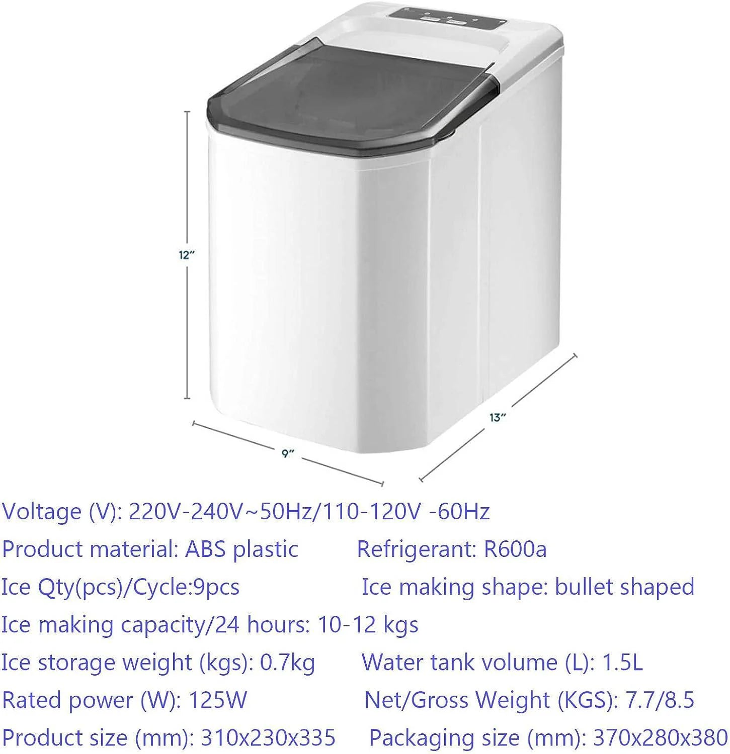 Portable ice maker with dimensions and specifications listed below.