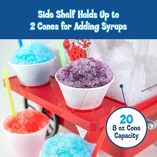 Red side shelf with ice cream cones and syrups, text indicating capacity and feature.