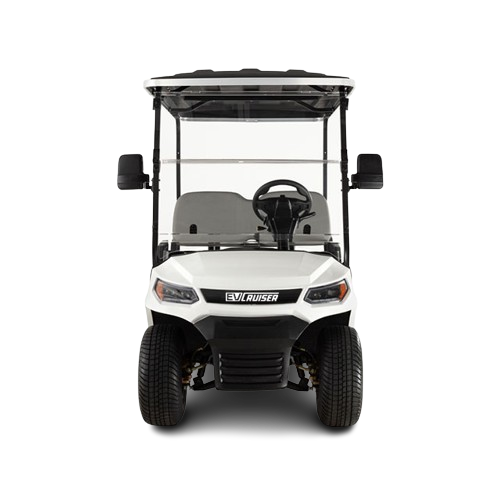 White electric golf cart with clear canopy on a white background