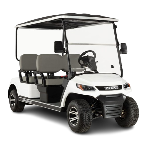 White golf cart with black roof on a white background