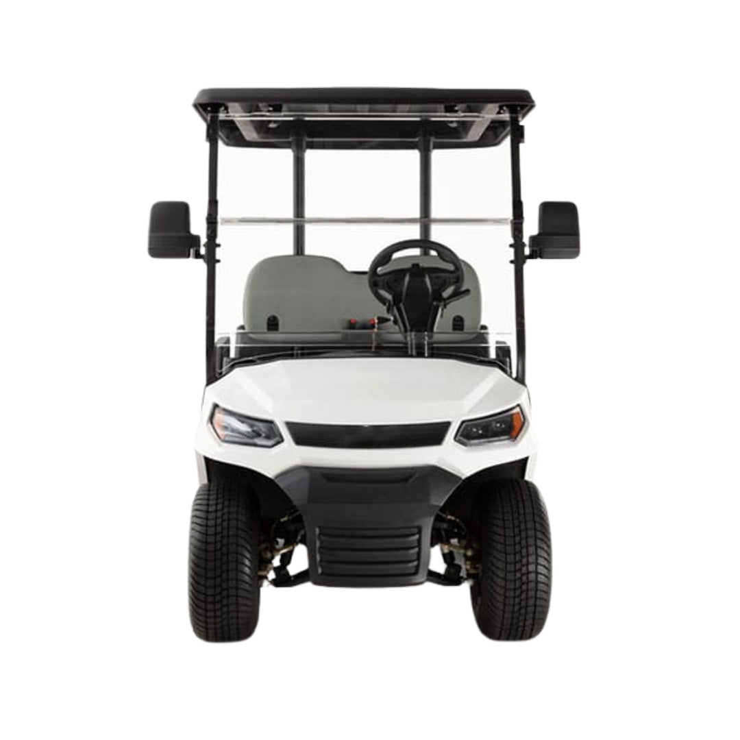 White golf cart with black roof and front bumper on a white background