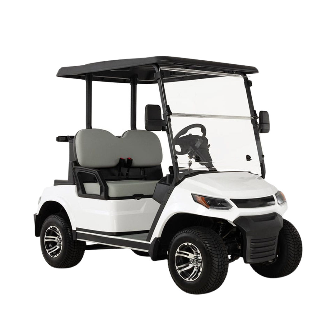 White golf cart with black top on a white background