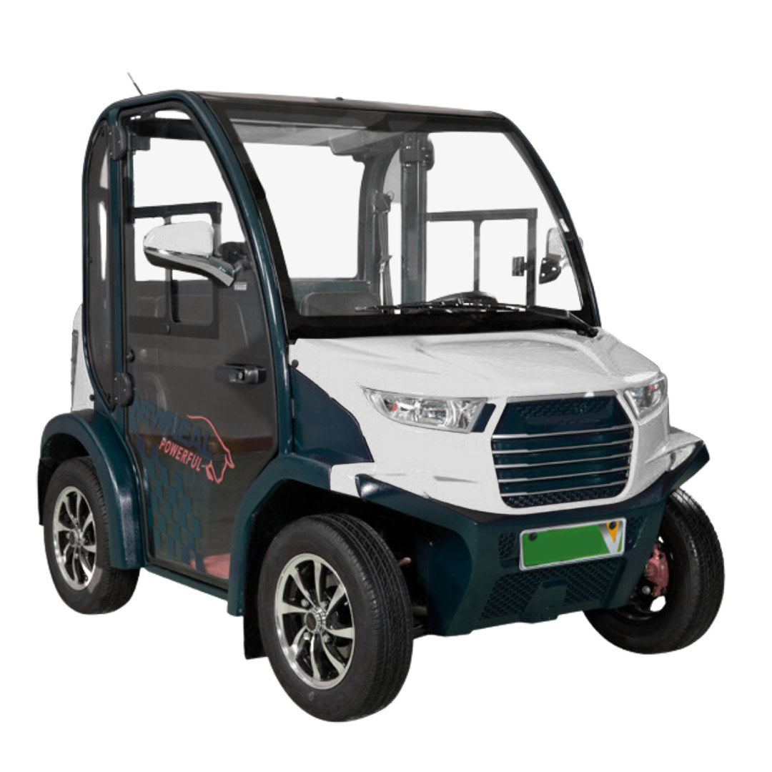 Small electric vehicle with a white and black design on a white background