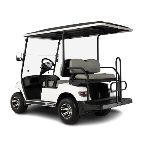 White golf cart with black roof on a white background