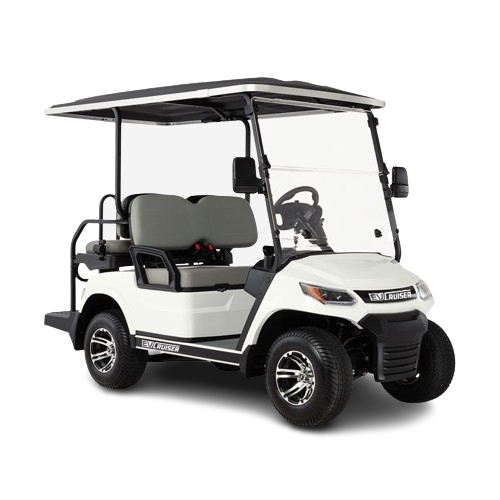 White golf cart with black roof on a white background