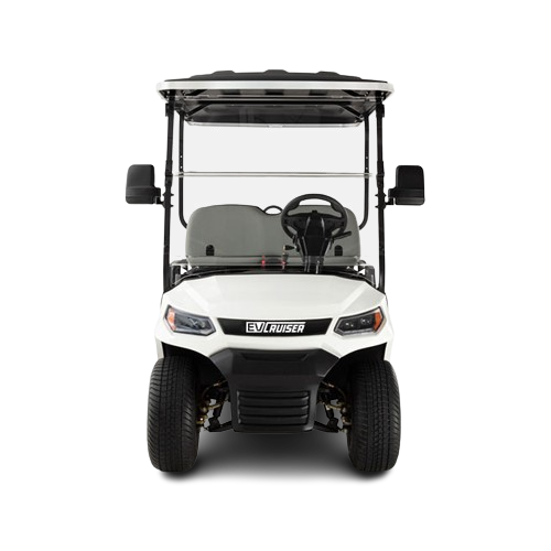 White electric golf cart with black roof on a white background