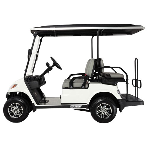 White golf cart with black roof on a white background