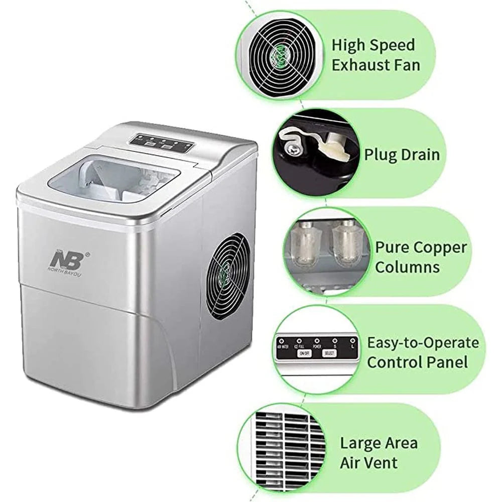 Portable ice maker with features highlighted on a white background
