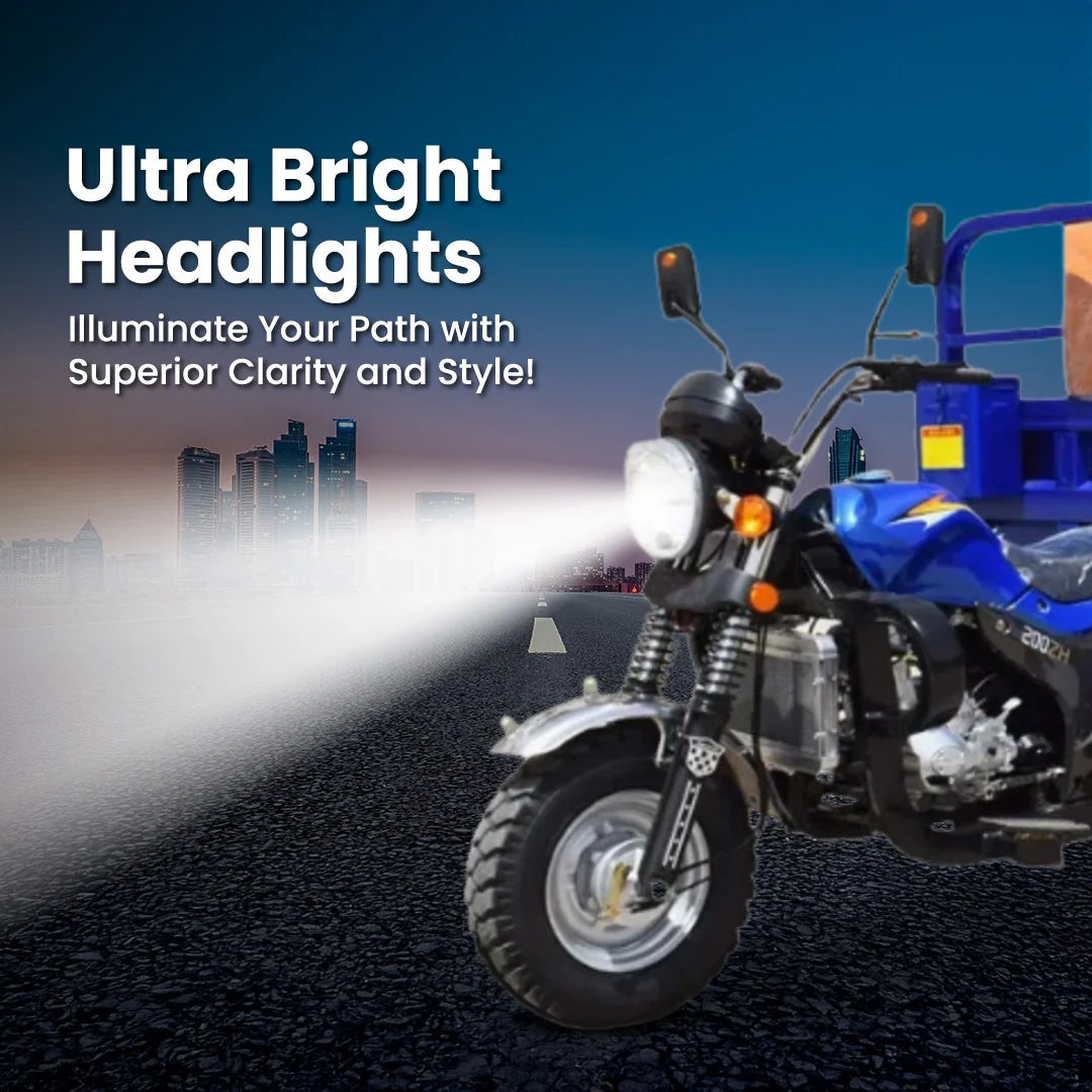 Motorcycle with ultra bright headlights on a road at night, cityscape in the background.