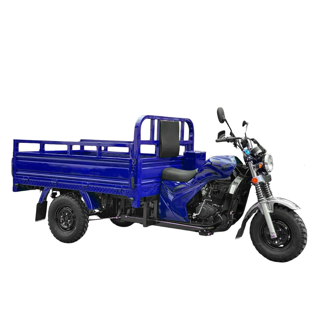 Blue three-wheeled motorcycle with a cargo bed on a white background