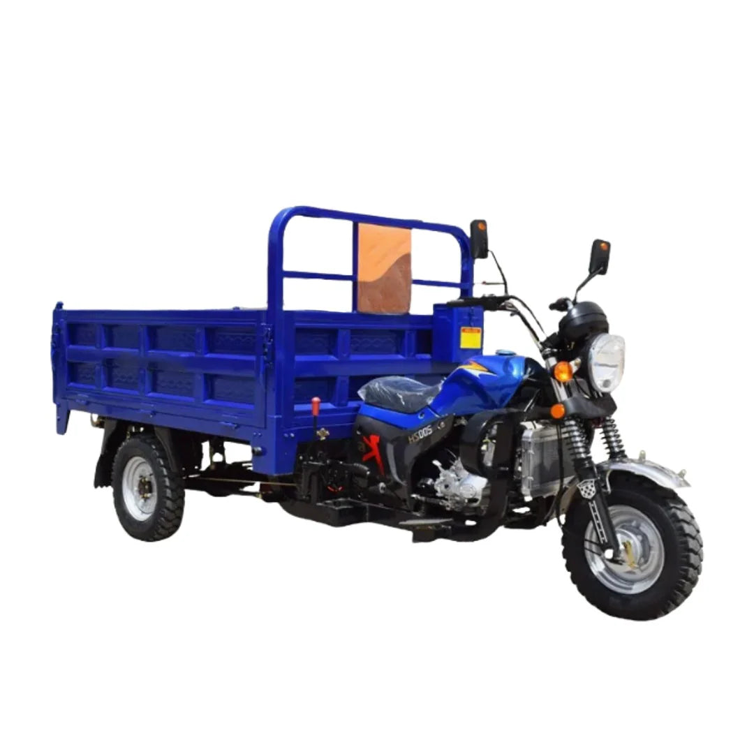 Blue three-wheeled motorcycle with a cargo bed on a white background