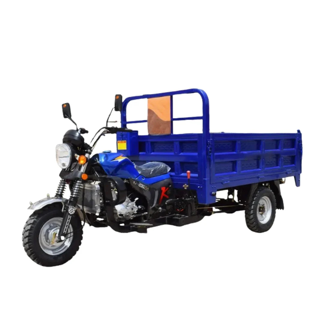 Blue three-wheeled motorcycle with a cargo bed on a white background