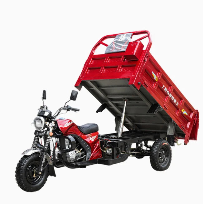 Red three-wheeled motorcycle with a cargo bed on a white background