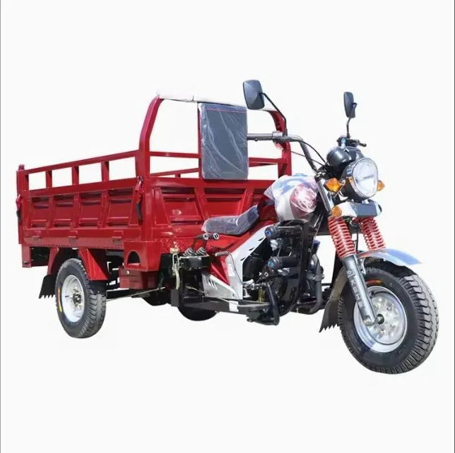 Red three-wheeled motorcycle with a cargo bed on a white background