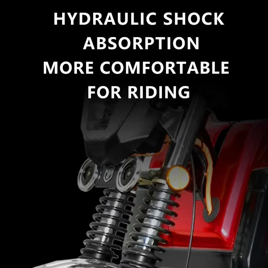 Close-up of a motorcycle suspension system with text about hydraulic shock absorption.