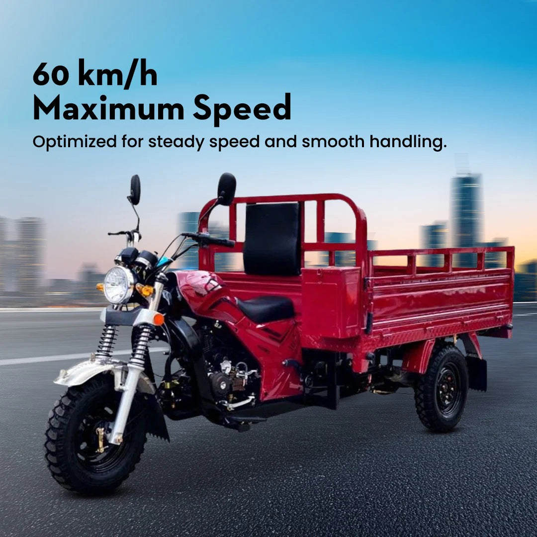 Red cargo tricycle with a cityscape background and text about maximum speed.