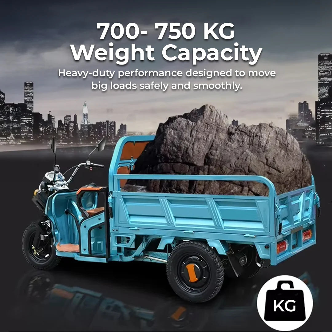 Blue cargo tricycle with a large rock load against a cityscape background, highlighting its weight capacity.