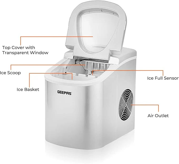 GEEPAS ice maker with labeled parts on a white background