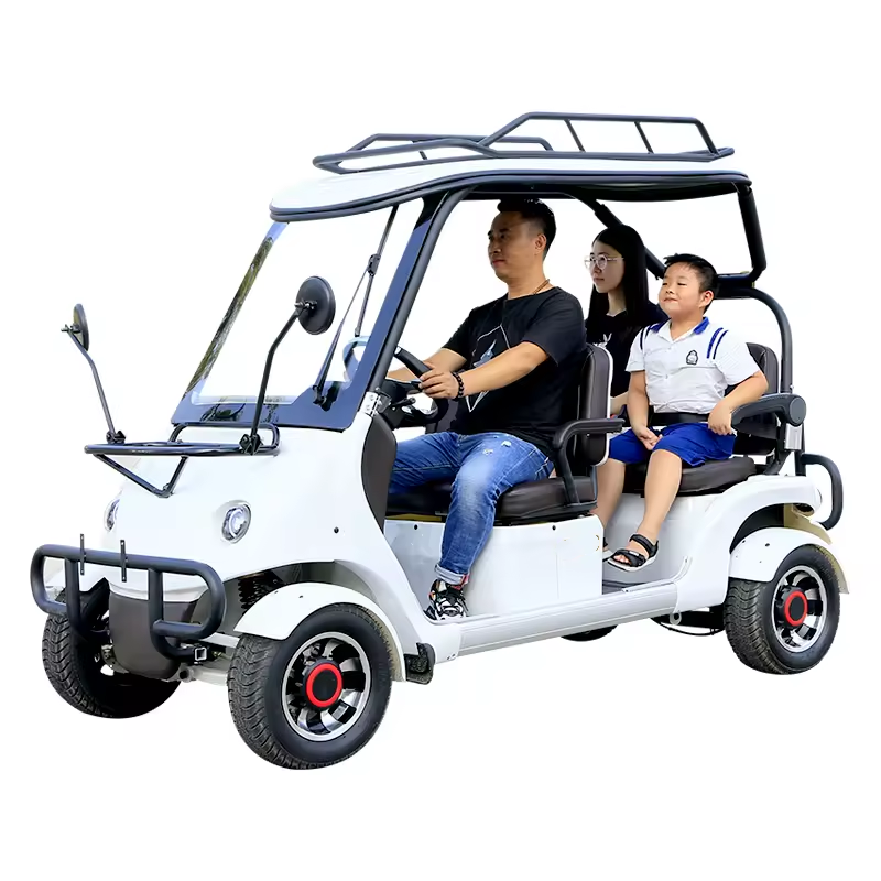 Family of three riding in a white electric vehicle on a white background
