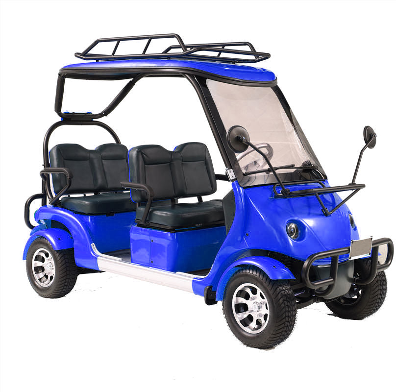 Blue golf cart with black seats on a white background