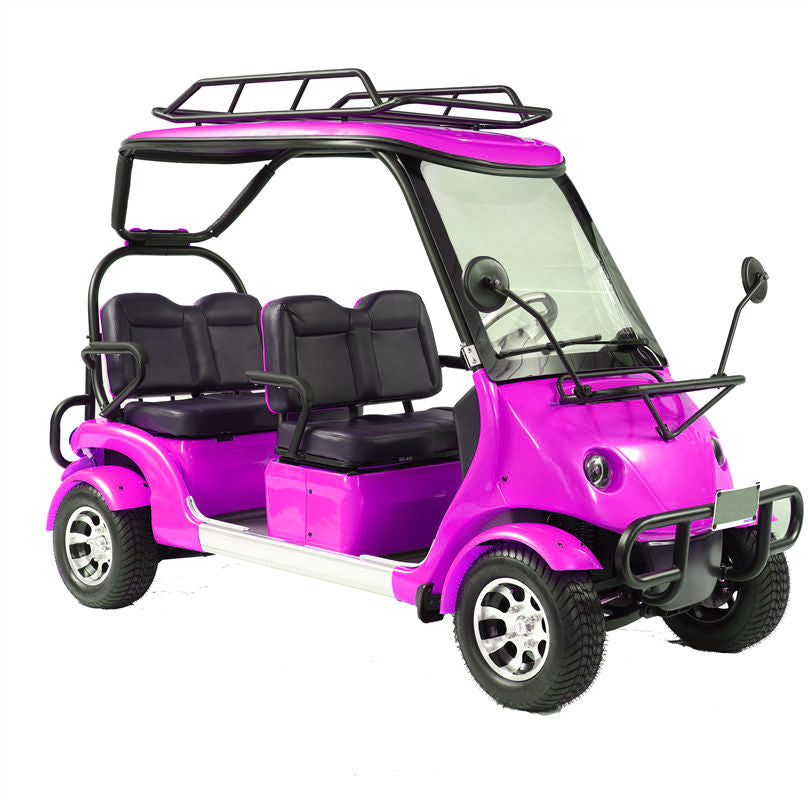 Pink golf cart with black seats on a white background