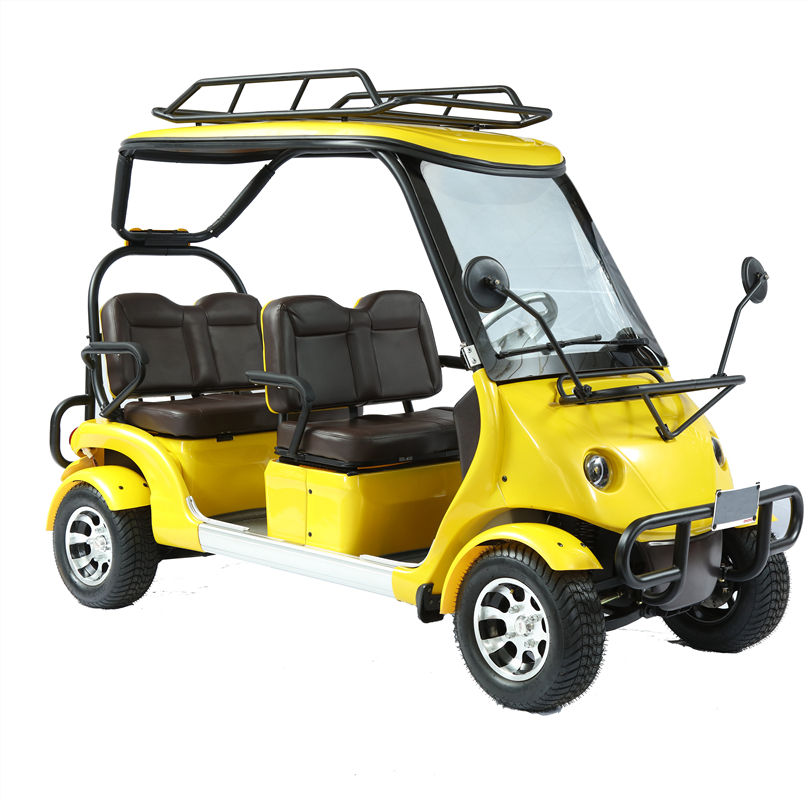 Yellow golf cart with black seats on a white background