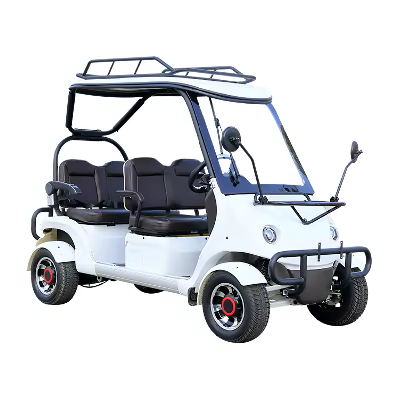 White golf cart with black seats on a white background