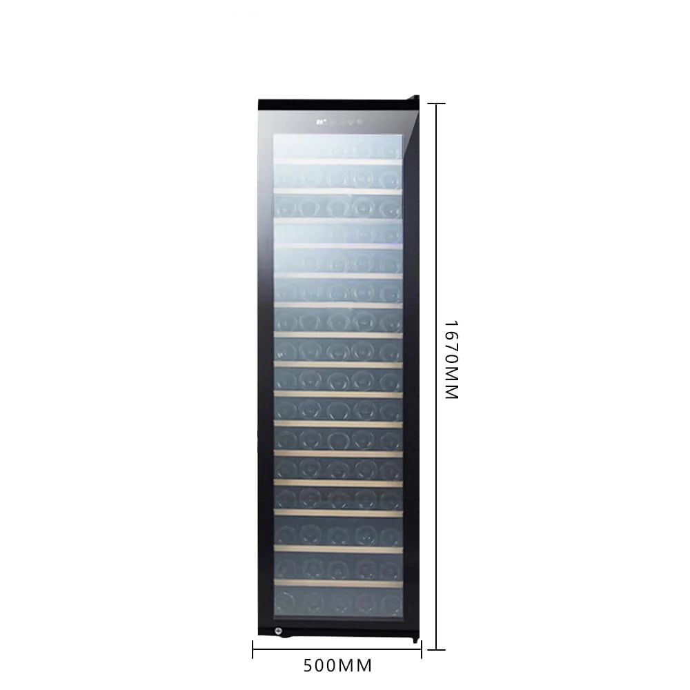 Wine cooler with glass door and dimensions on a white background