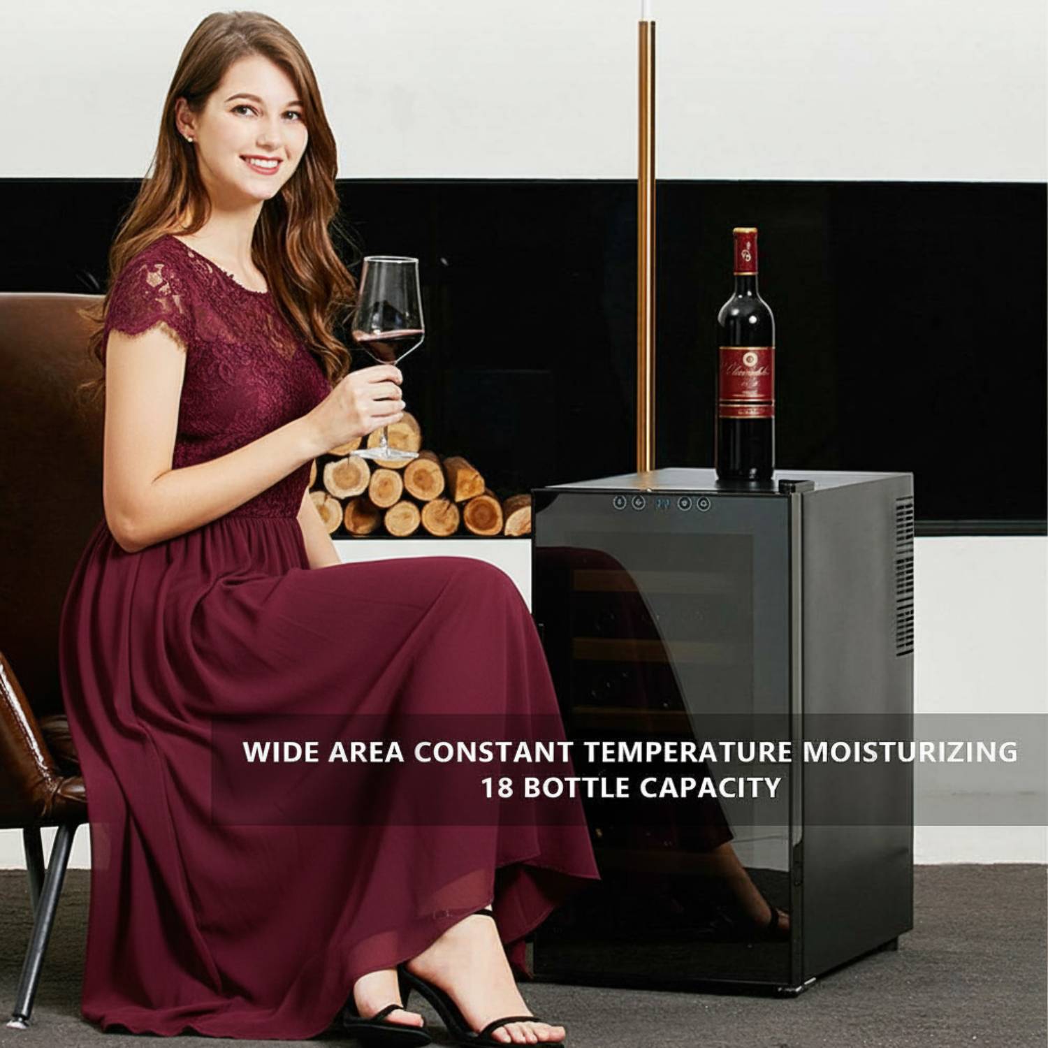 Woman in a red dress holding a wine glass next to a wine cooler with text about its features.
