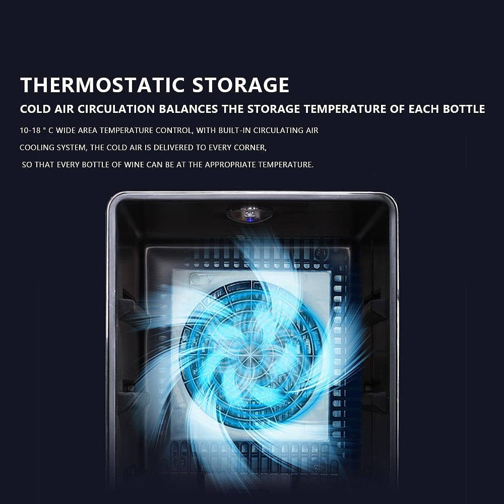 Thermostatic storage unit with cooling system on a black background