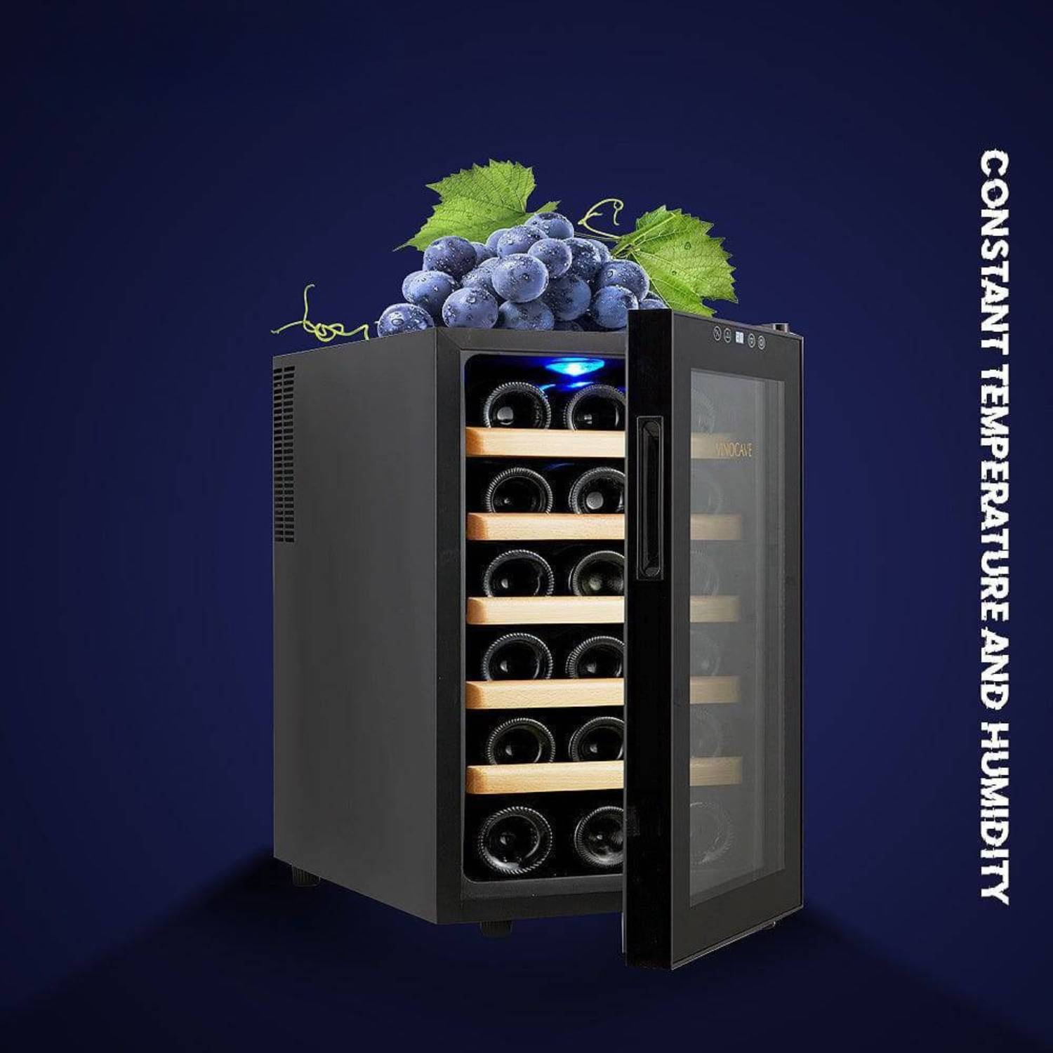Wine cooler with bottles and grapes on a dark blue background