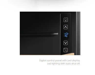 Black digital control panel with LED display on a white background