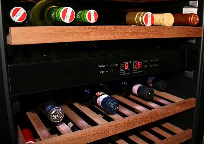 Wine cooler with wooden shelves holding wine bottles.