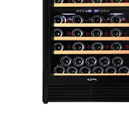 Wine cooler with multiple rows of wine bottles on a white background