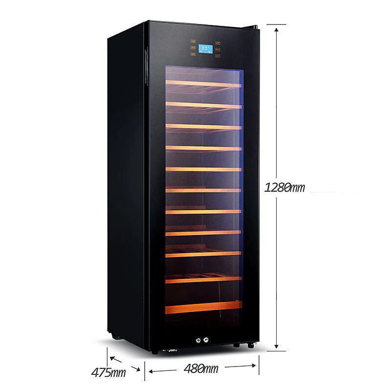 Black wine cooler with glass door showing interior shelves, dimensions labeled on a white background.