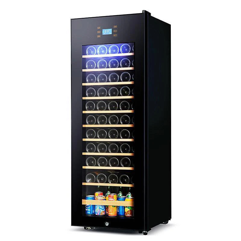 Black wine cooler with glass doors displaying bottles and cans on a white background