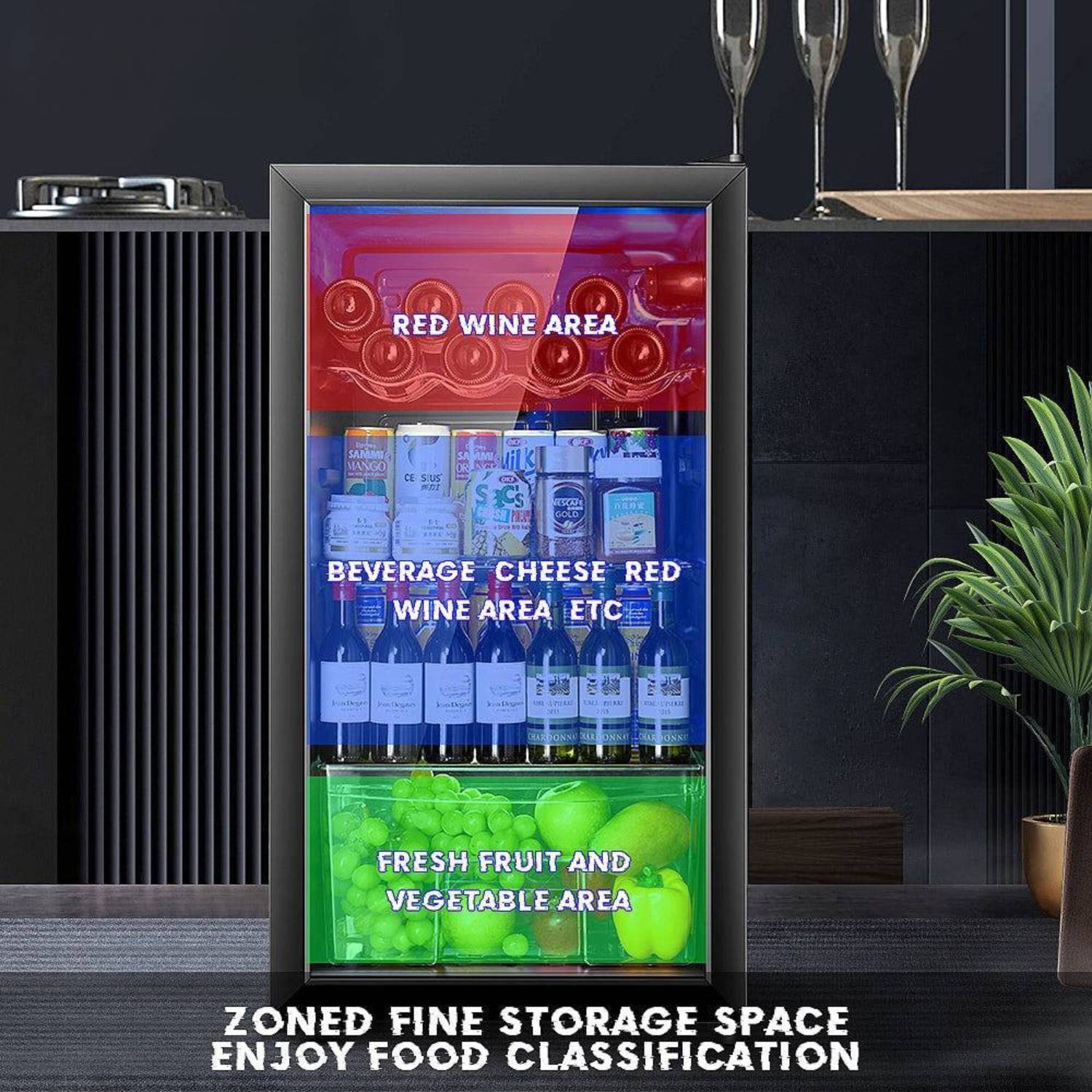 Mini fridge with labeled sections for red wine, beverages, cheese, fresh fruit, and vegetables in a kitchen setting.