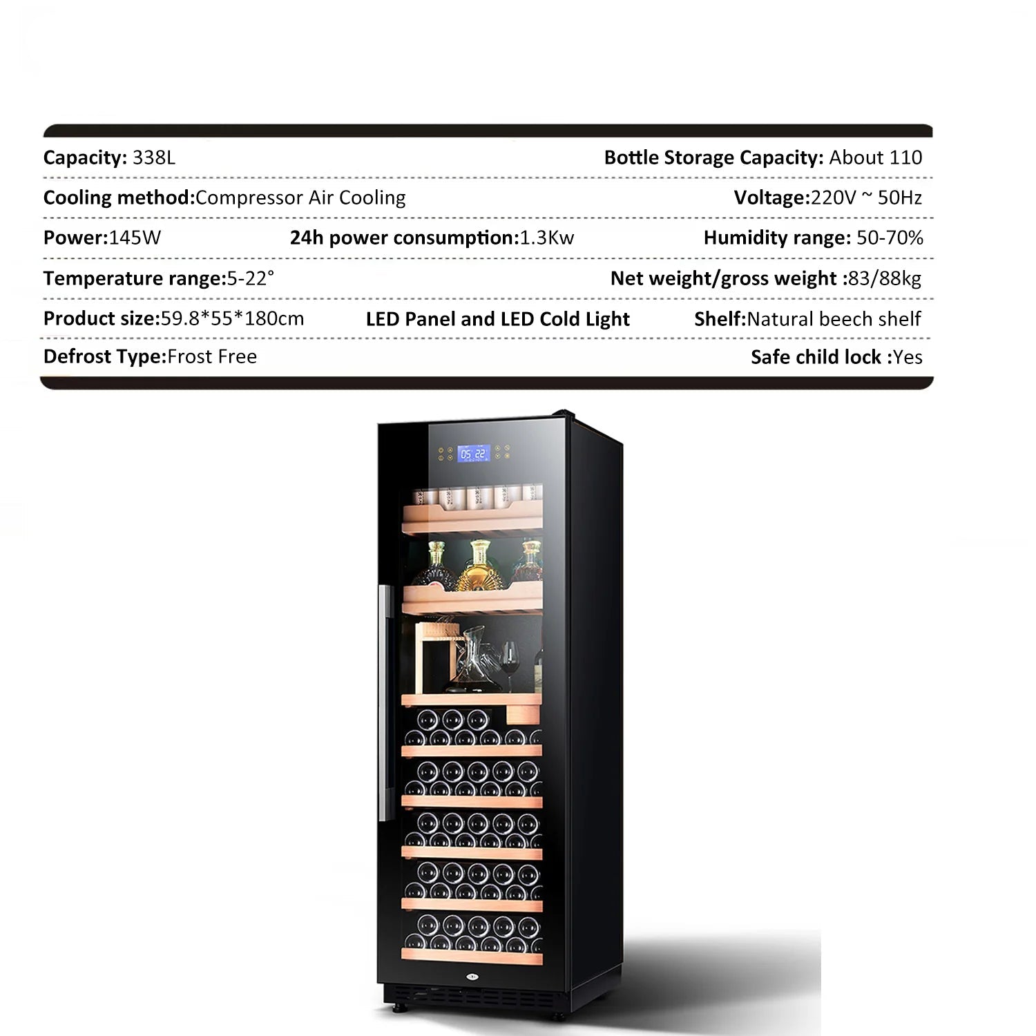 Wine cabinet with specifications on a white background