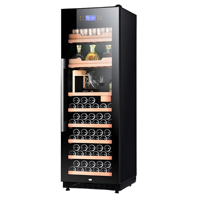 Wine cooler with bottles and glasses on a white background