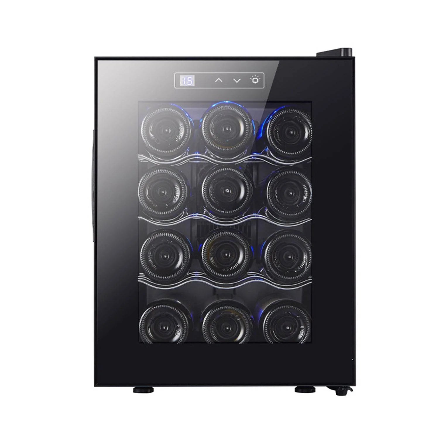 Black wine cooler with glass door displaying bottles on a white background