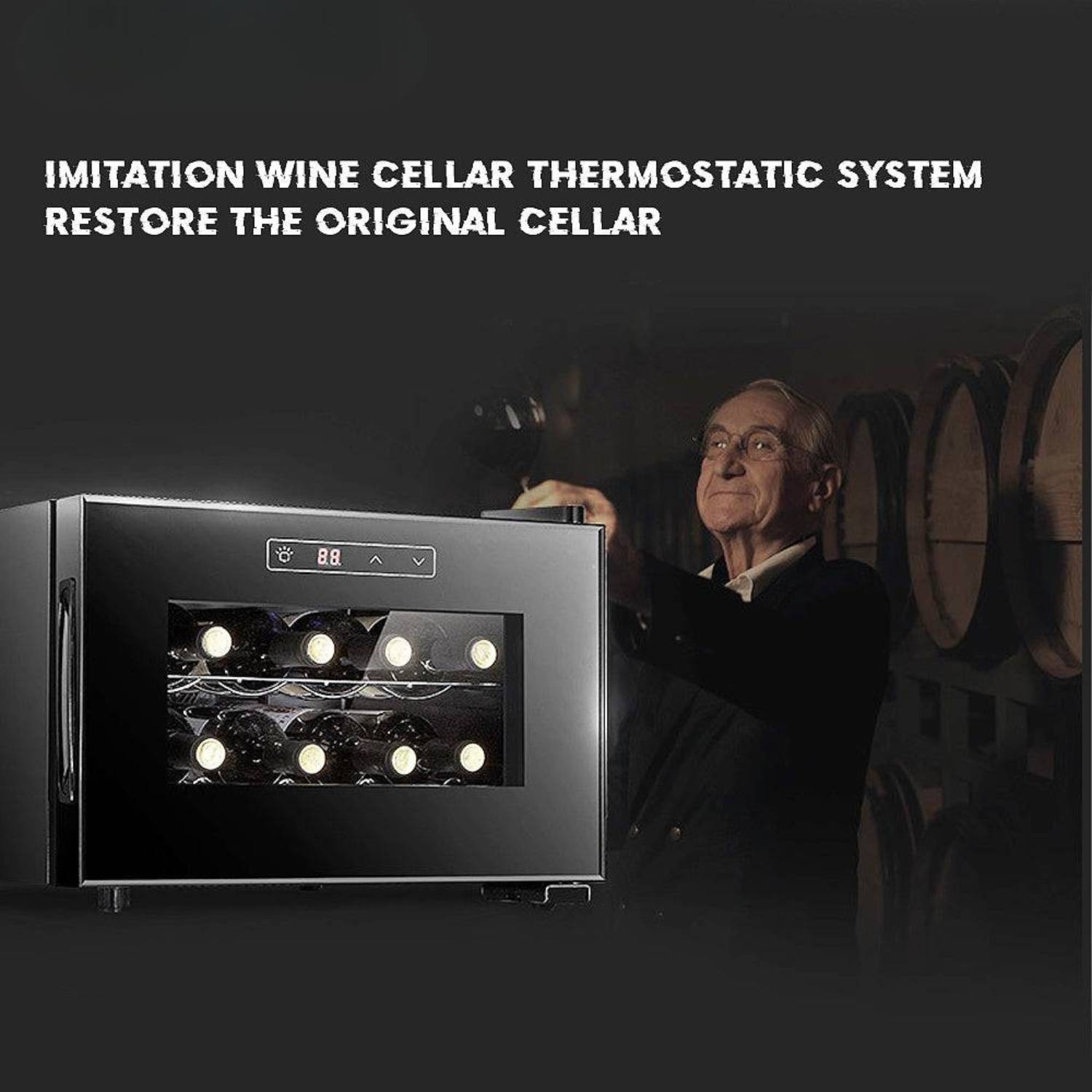 Wine cellar thermosystem with a man holding a wine bottle in a dark setting