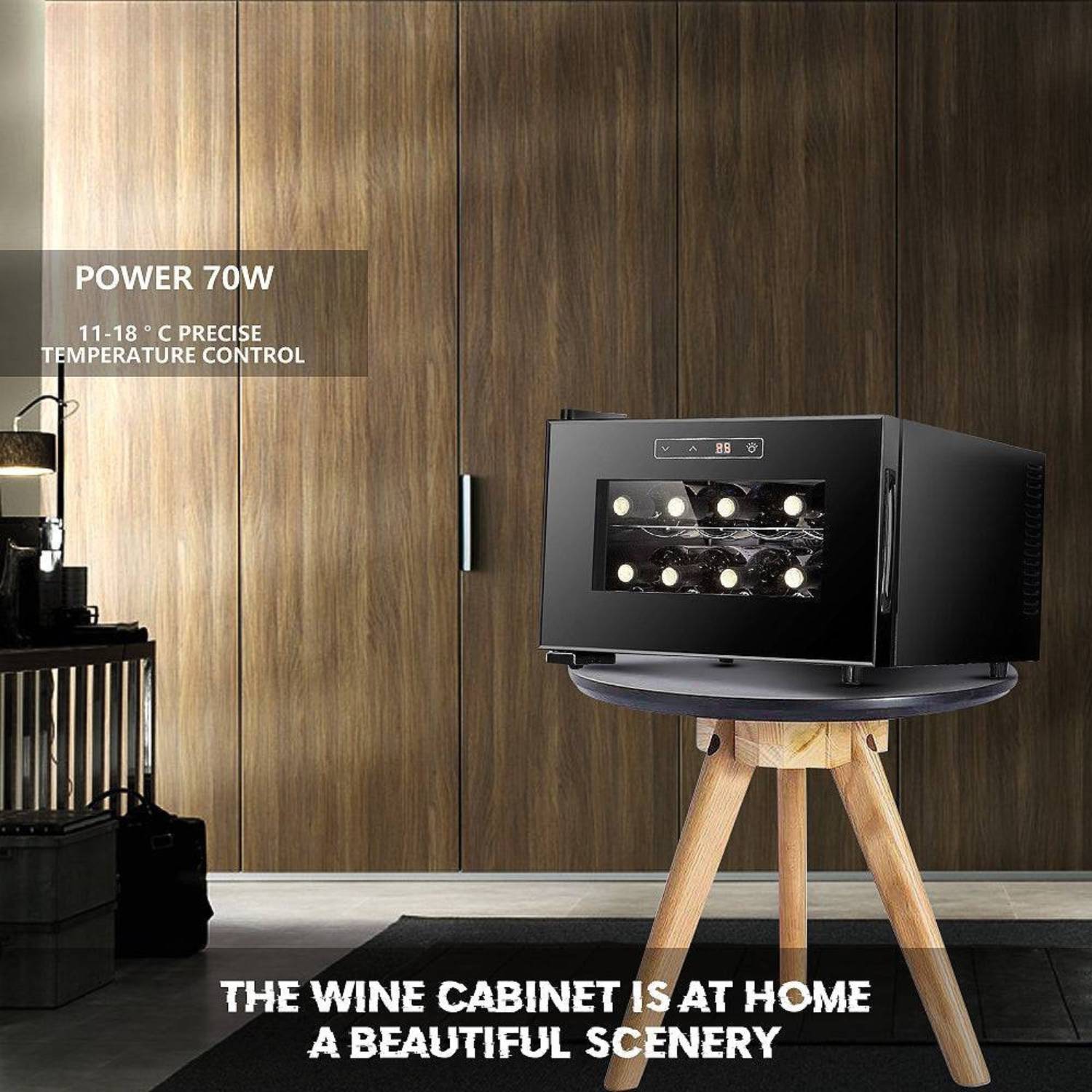 Modern wine cabinet with temperature control display in a home setting.
