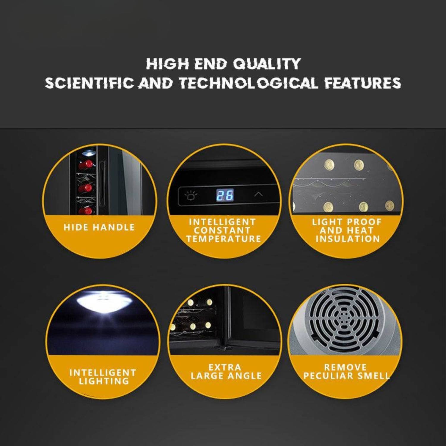 High-end quality scientific and technological features with icons and text on a dark background