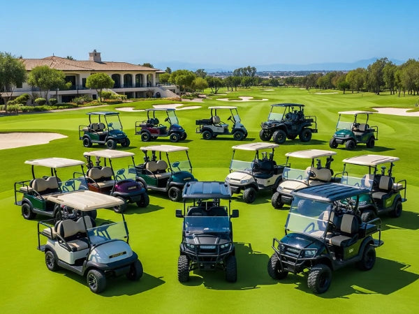 Multiple golf carts on a golf course with a clubhouse in the background