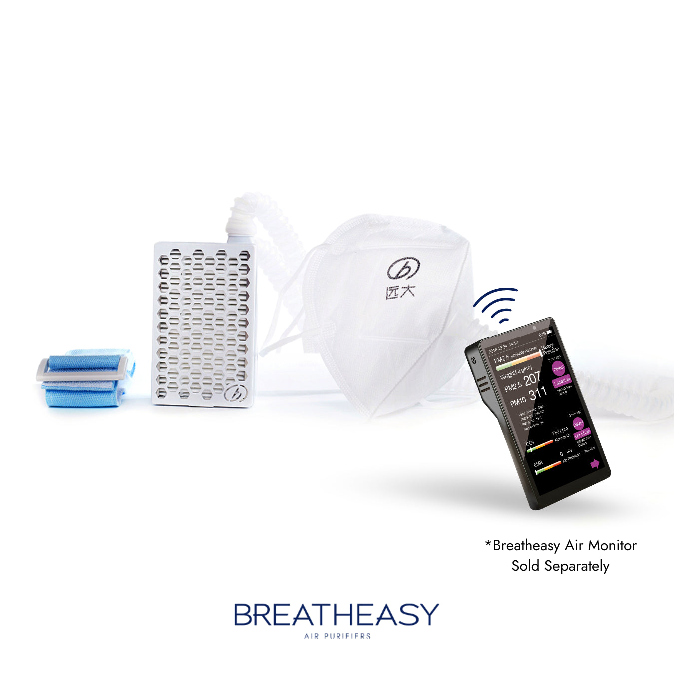 Breatheasy air monitoring system components on a white background