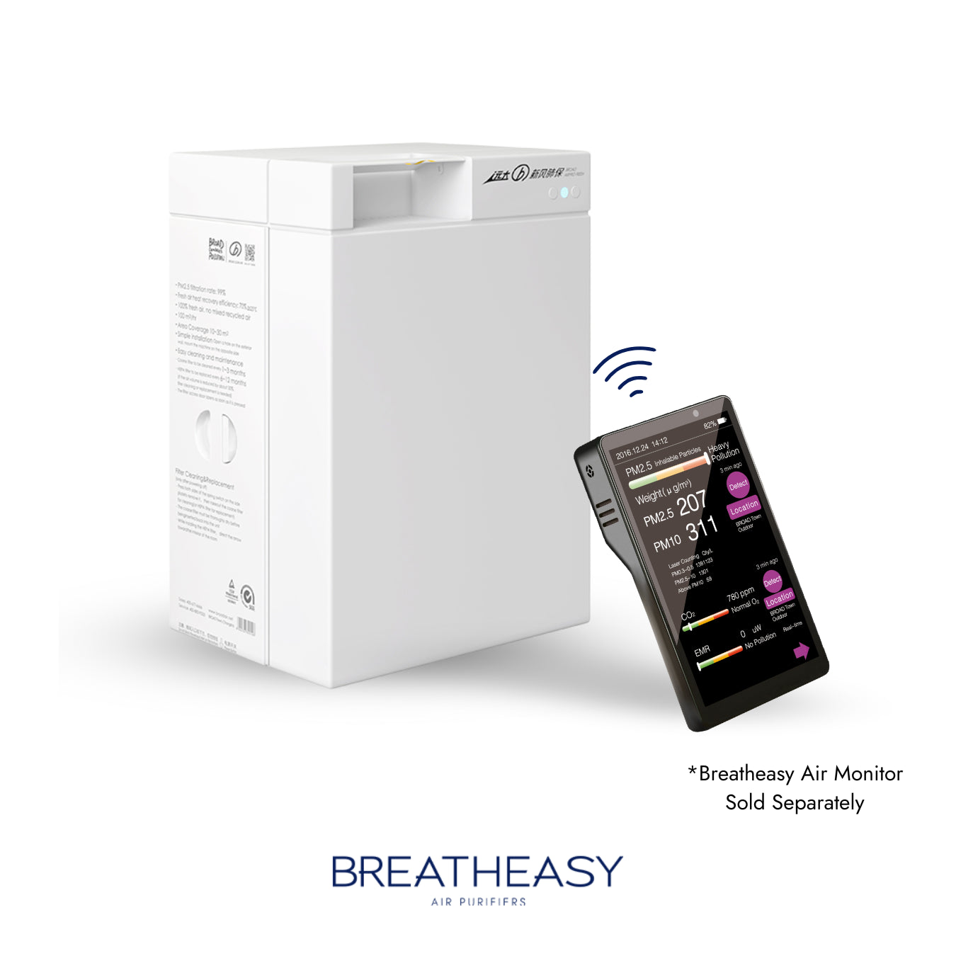 Breatheasy air purifier with a digital air monitor on a white background