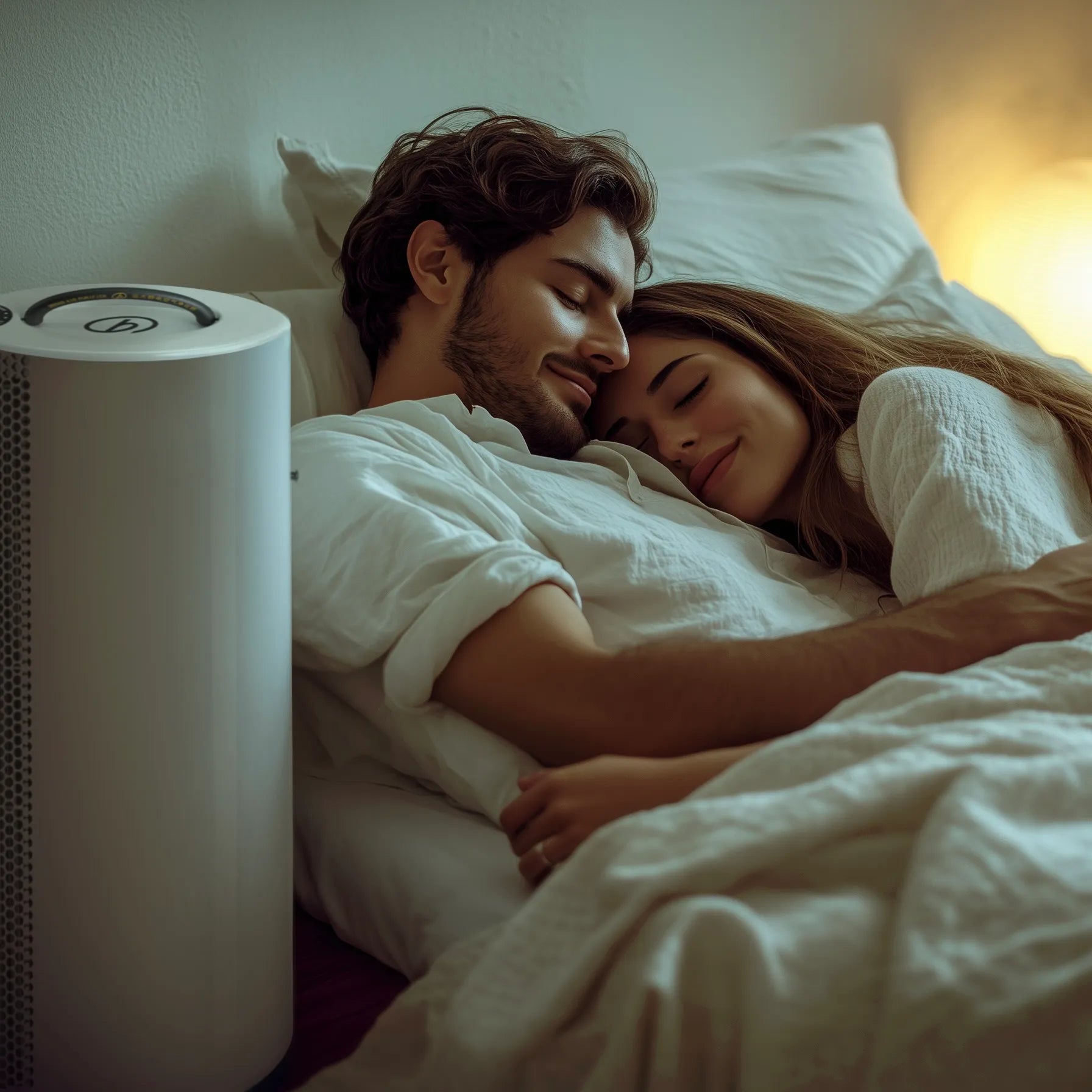 Couple sleeping in bed with a white appliance next to them